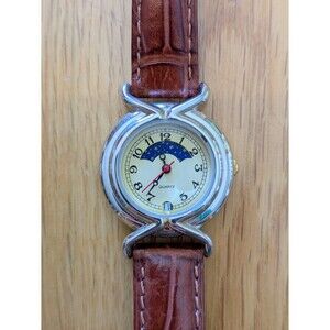 Vintage Quartz Watch Moon phase Leather Brown Strap Unique  Needs Battery
